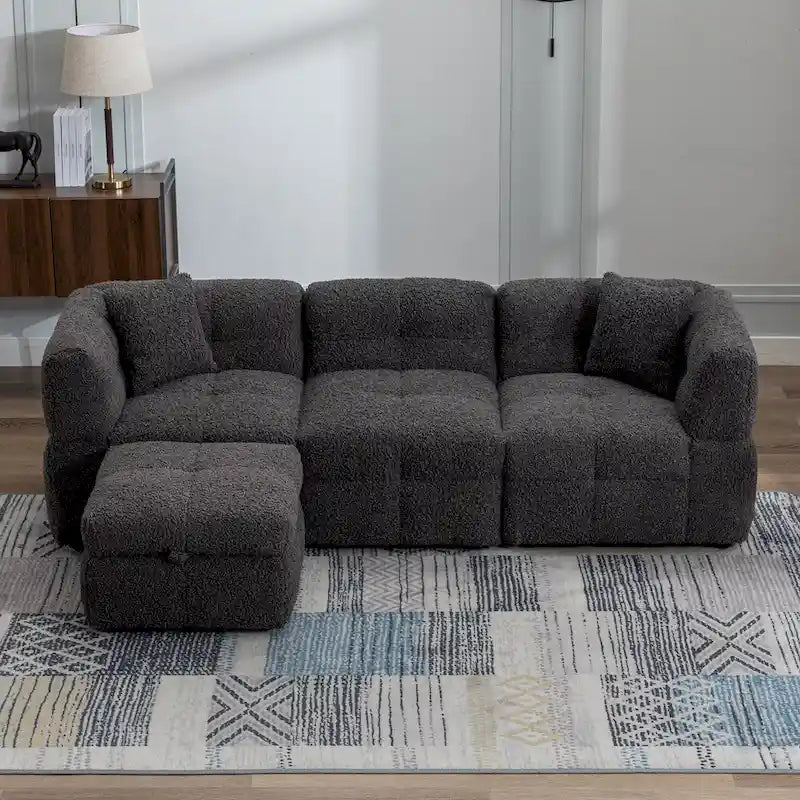 87.7 Stoff-Viersitzer-Sektionssofa mit beweglichem Ottoman, 2 USB-Anschlüssen und 2 Lendenkissen, ideal für das Wohnzimmer
