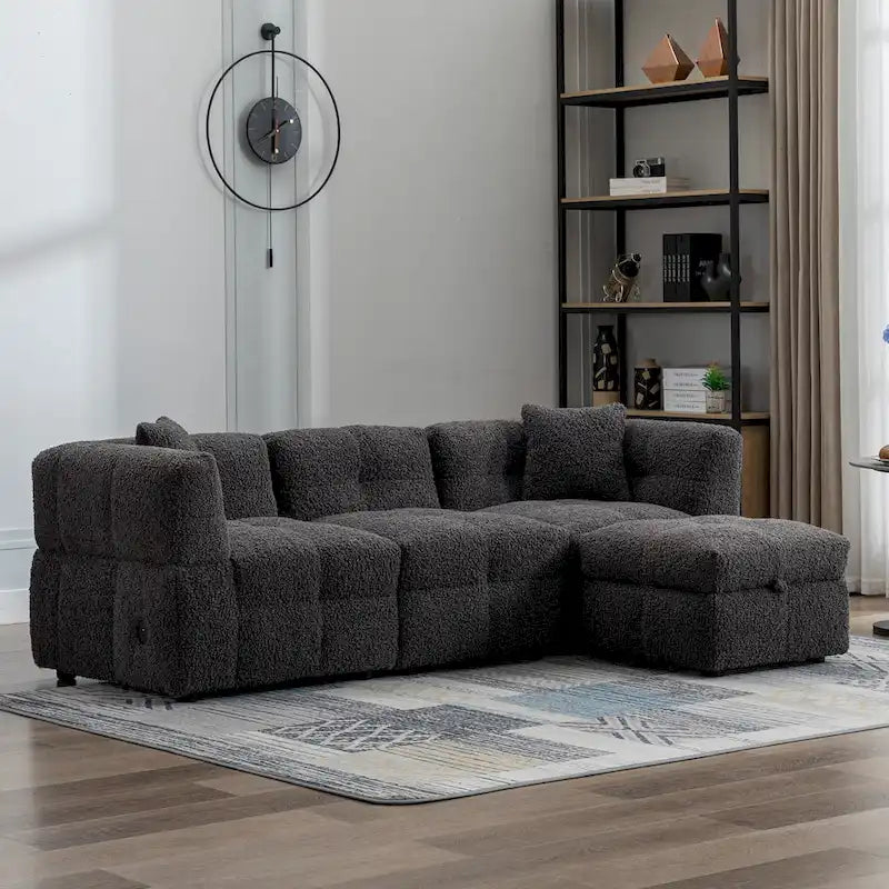 87.7 Stoff-Viersitzer-Sektionssofa mit beweglichem Ottoman, 2 USB-Anschlüssen und 2 Lendenkissen, ideal für das Wohnzimmer