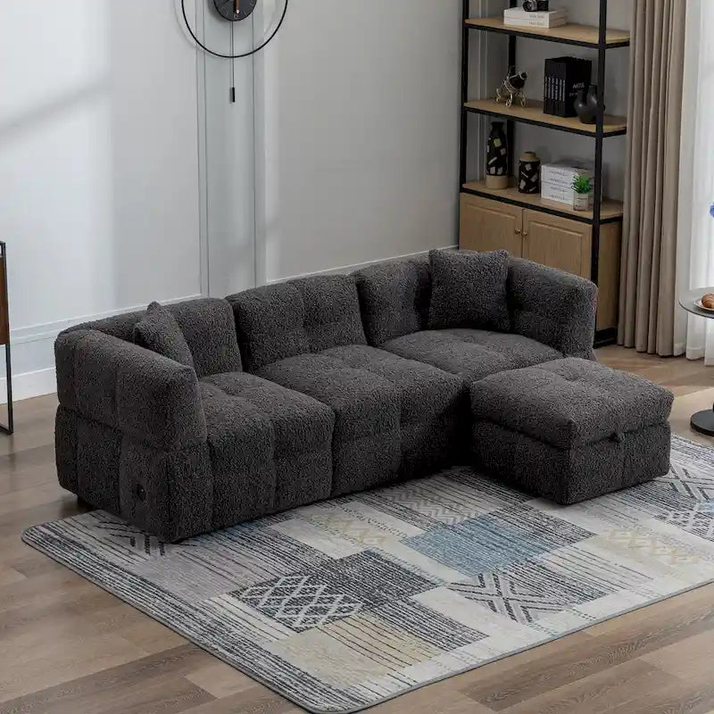 87.7 Stoff-Viersitzer-Sektionssofa mit beweglichem Ottoman, 2 USB-Anschlüssen und 2 Lendenkissen, ideal für das Wohnzimmer
