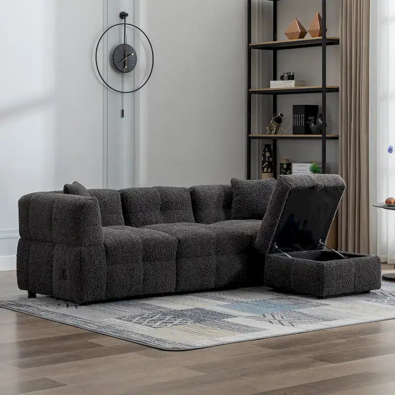 87.7 Stoff-Viersitzer-Sektionssofa mit beweglichem Ottoman, 2 USB-Anschlüssen und 2 Lendenkissen, ideal für das Wohnzimmer