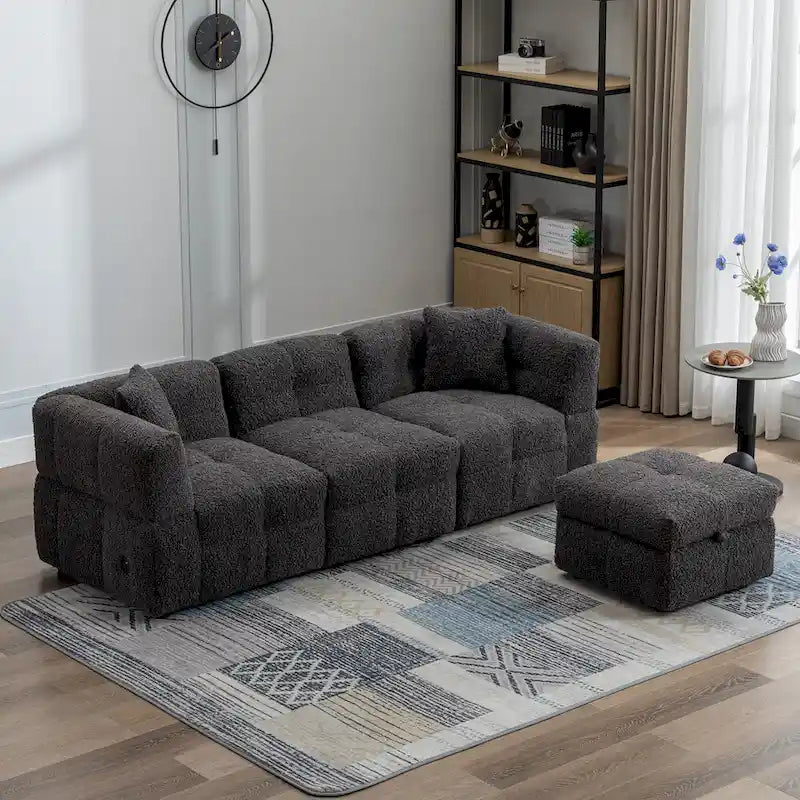 87.7 Stoff-Viersitzer-Sektionssofa mit beweglichem Ottoman, 2 USB-Anschlüssen und 2 Lendenkissen, ideal für das Wohnzimmer