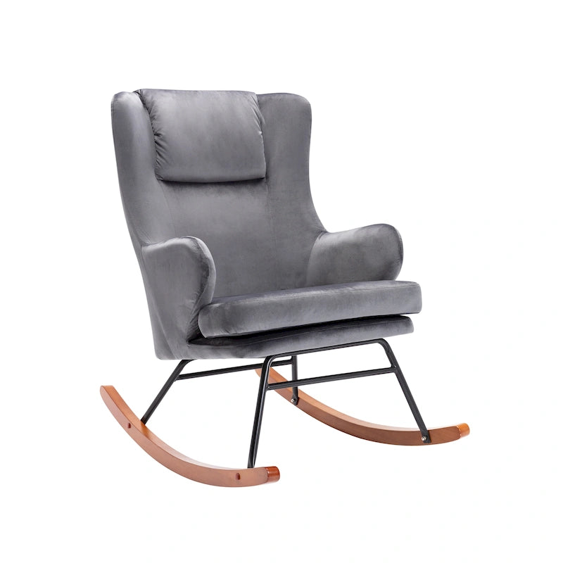 Mid-Century Modern Schaukelstuhl, Samt, Kautschukholz und Stahlbeine