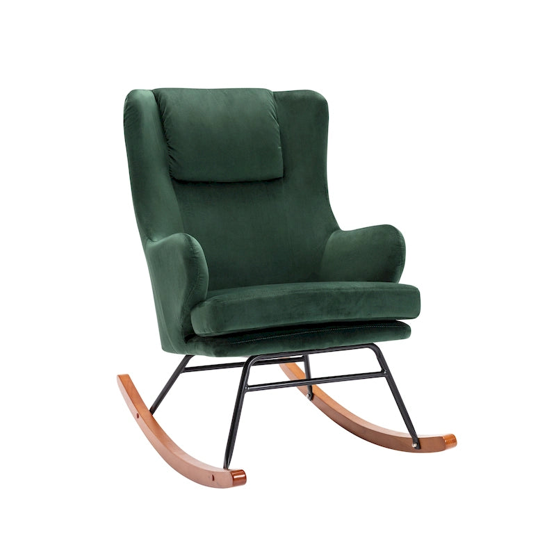 Mid-Century Modern Schaukelstuhl, Samt, Kautschukholz und Stahlbeine