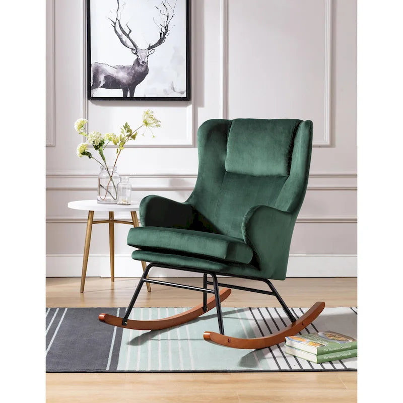 Mid-Century Modern Schaukelstuhl, Samt, Kautschukholz und Stahlbeine