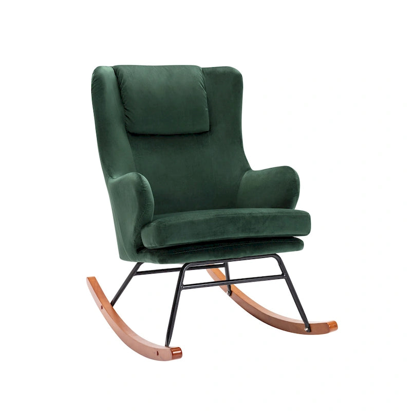 Mid-Century Modern Schaukelstuhl, Samt, Kautschukholz und Stahlbeine