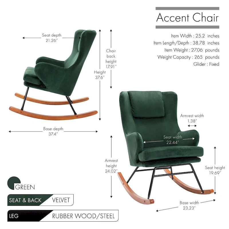 Mid-Century Modern Schaukelstuhl, Samt, Kautschukholz und Stahlbeine