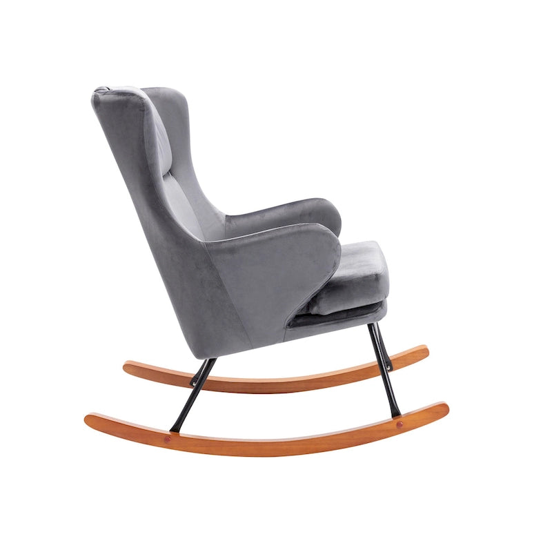 Mid-Century Modern Schaukelstuhl, Samt, Kautschukholz und Stahlbeine