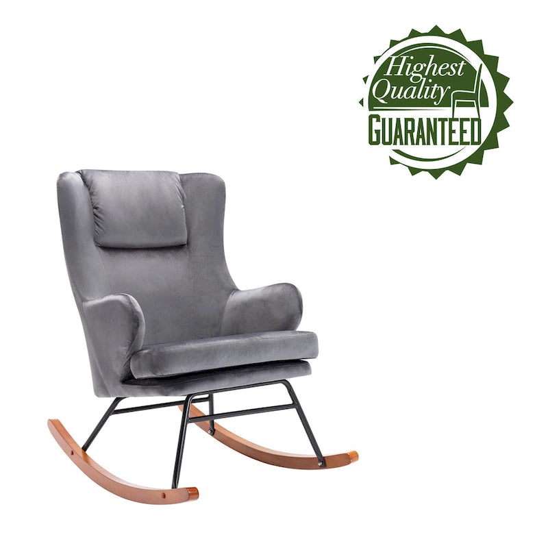 Mid-Century Modern Schaukelstuhl, Samt, Kautschukholz und Stahlbeine
