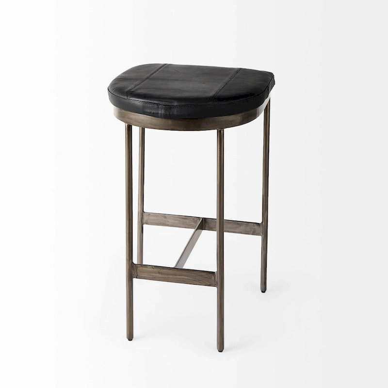 Barhocker mit Sitz aus echtem schwarzem Leder und vernickeltem Metallgestell