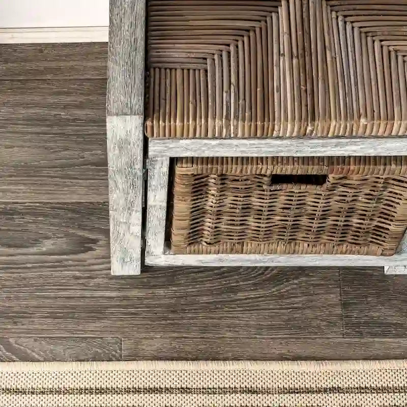 Rustikale Sitzbank mit 2 Korbschubladen, 76 cm, Grau
