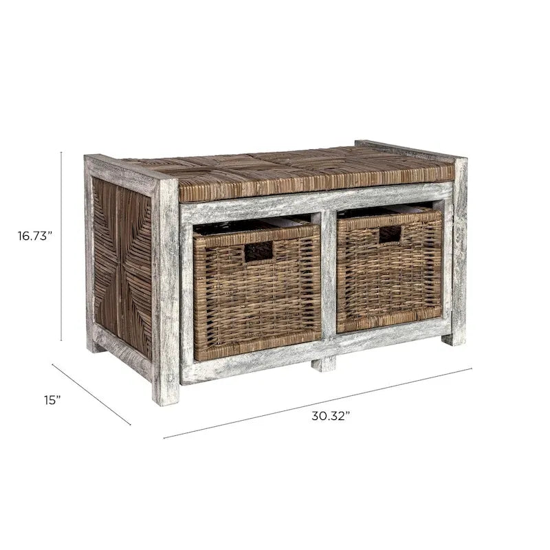 Rustikale Sitzbank mit 2 Korbschubladen, 76 cm, Grau