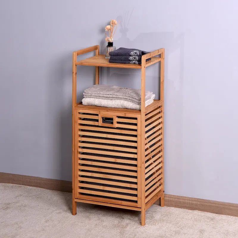 Brauner Badschrank aus Bambus mit 2 Ablagen für Wäsche – 44 x 33 x 96 cm