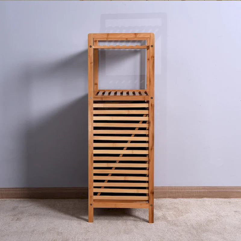 Brauner Badschrank aus Bambus mit 2 Ablagen für Wäsche – 44 x 33 x 96 cm