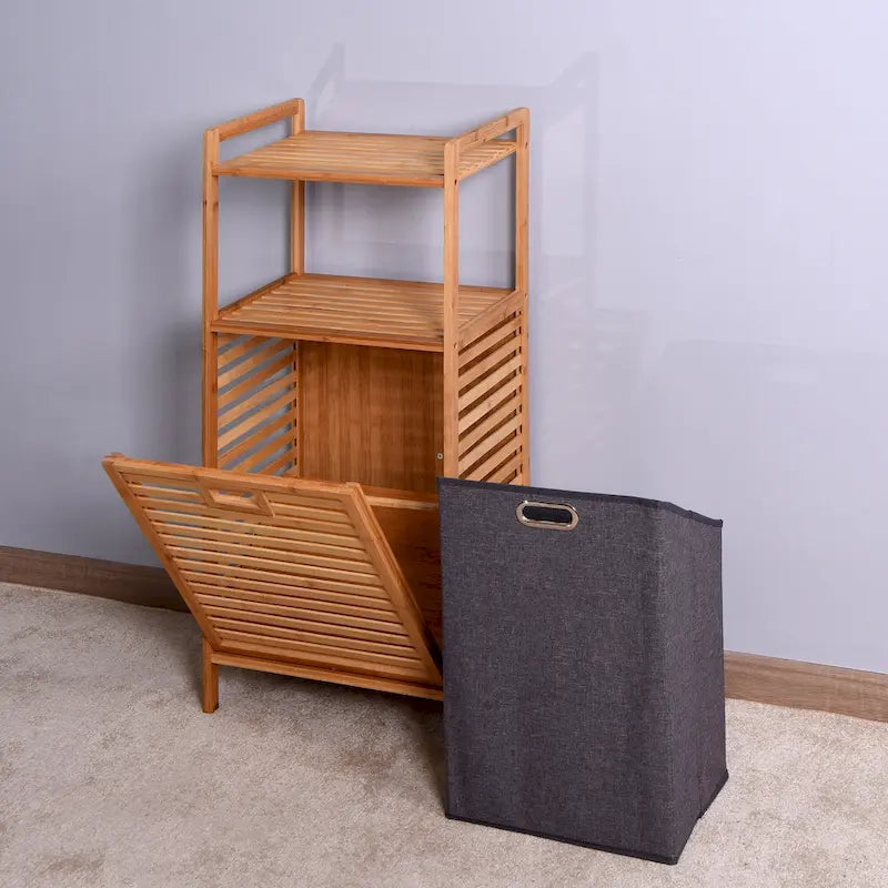 Brauner Badschrank aus Bambus mit 2 Ablagen für Wäsche – 44 x 33 x 96 cm