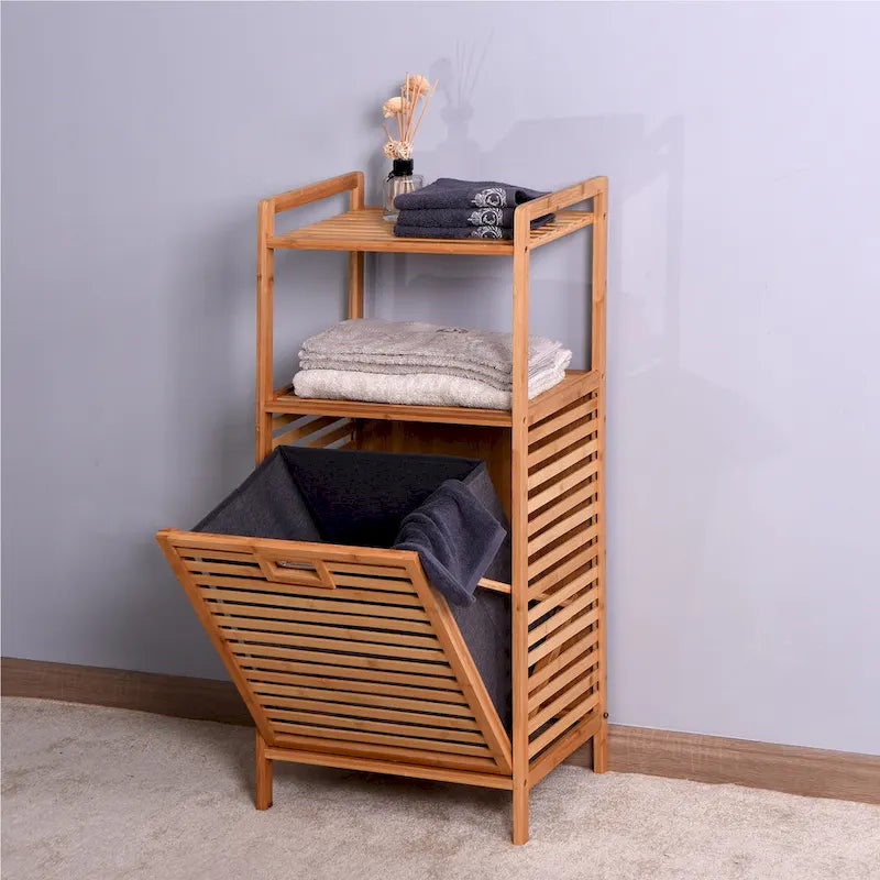 Brauner Badschrank aus Bambus mit 2 Ablagen für Wäsche – 44 x 33 x 96 cm
