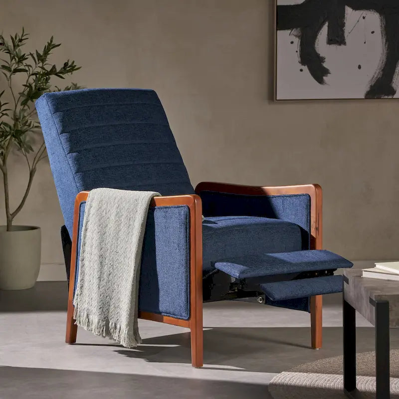 Mid-Century Modern Stoffkanalnaht-Holz-Liegesessel zum Zurücklehnen