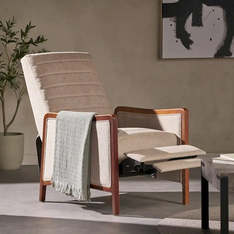 Mid-Century Modern Stoffkanalnaht-Holz-Liegesessel zum Zurücklehnen