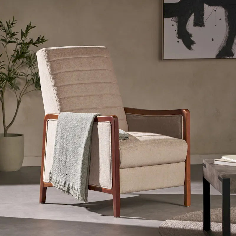 Mid-Century Modern Stoffkanalnaht-Holz-Liegesessel zum Zurücklehnen