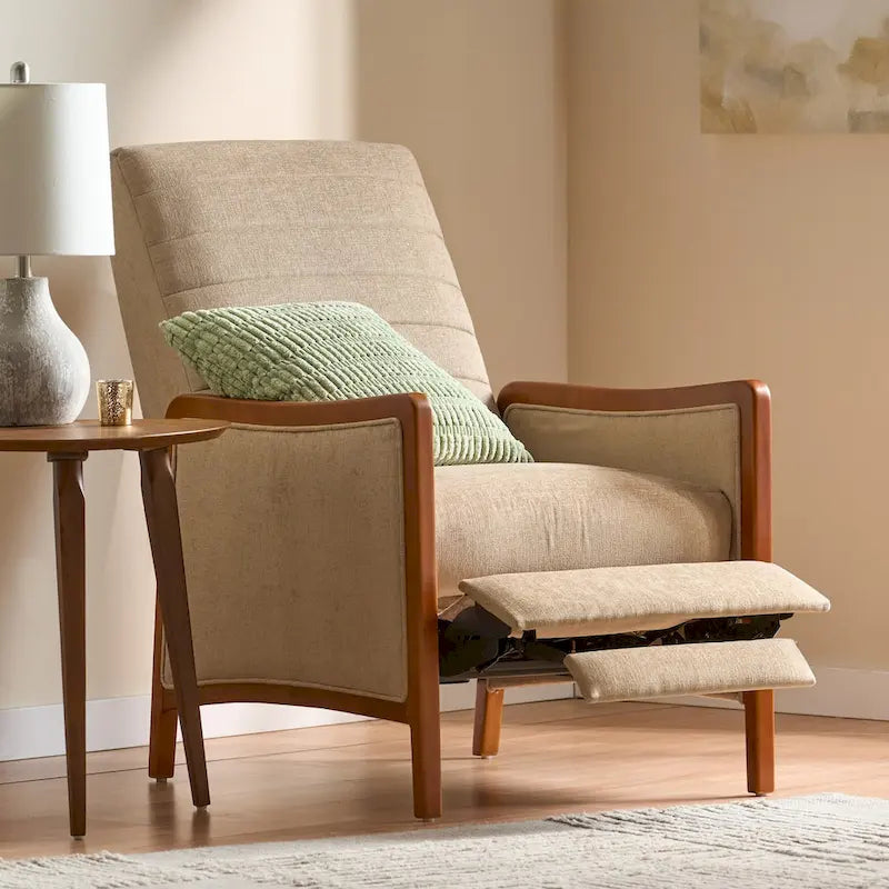 Mid-Century Modern Stoffkanalnaht-Holz-Liegesessel zum Zurücklehnen