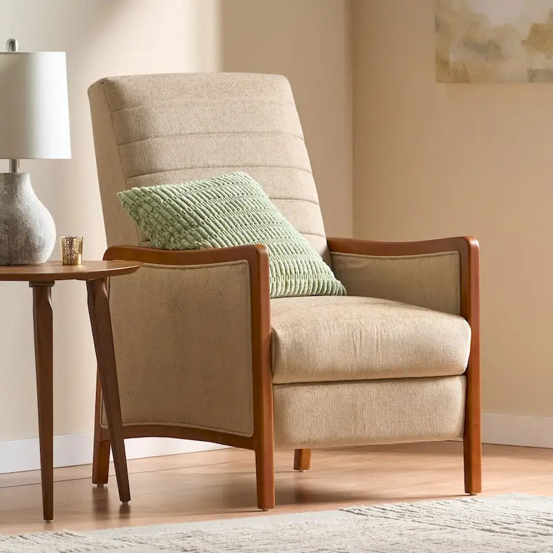 Mid-Century Modern Stoffkanalnaht-Holz-Liegesessel zum Zurücklehnen