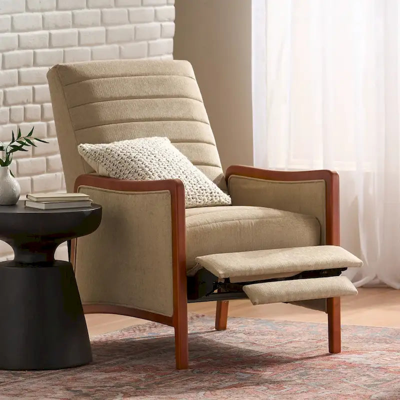 Mid-Century Modern Stoffkanalnaht-Holz-Liegesessel zum Zurücklehnen