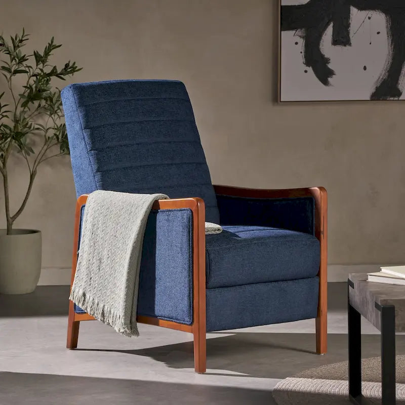 Mid-Century Modern Stoffkanalnaht-Holz-Liegesessel zum Zurücklehnen