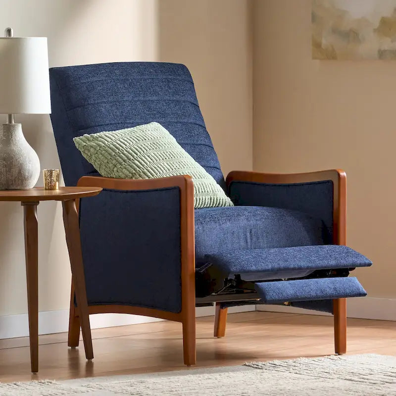 Mid-Century Modern Stoffkanalnaht-Holz-Liegesessel zum Zurücklehnen