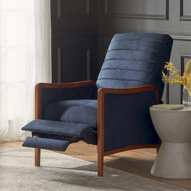 Mid-Century Modern Stoffkanalnaht-Holz-Liegesessel zum Zurücklehnen