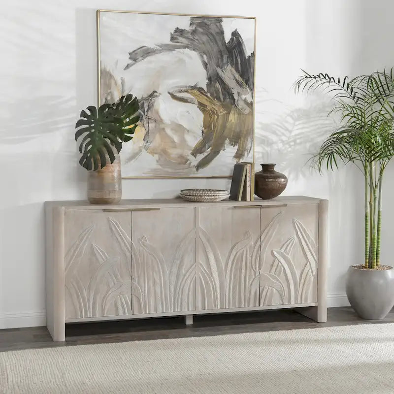 82" Sideboard aus massivem Mangoholz mit handgeschnitztem Blattmotiv