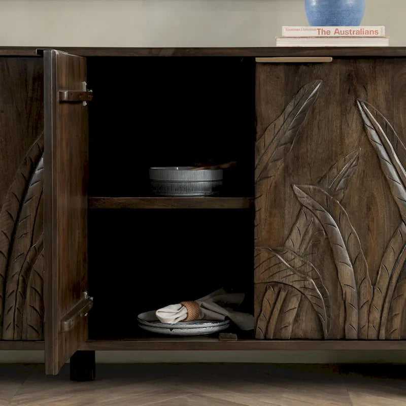 82" Sideboard aus massivem Mangoholz mit handgeschnitztem Blattmotiv