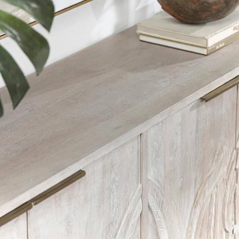 82" Sideboard aus massivem Mangoholz mit handgeschnitztem Blattmotiv