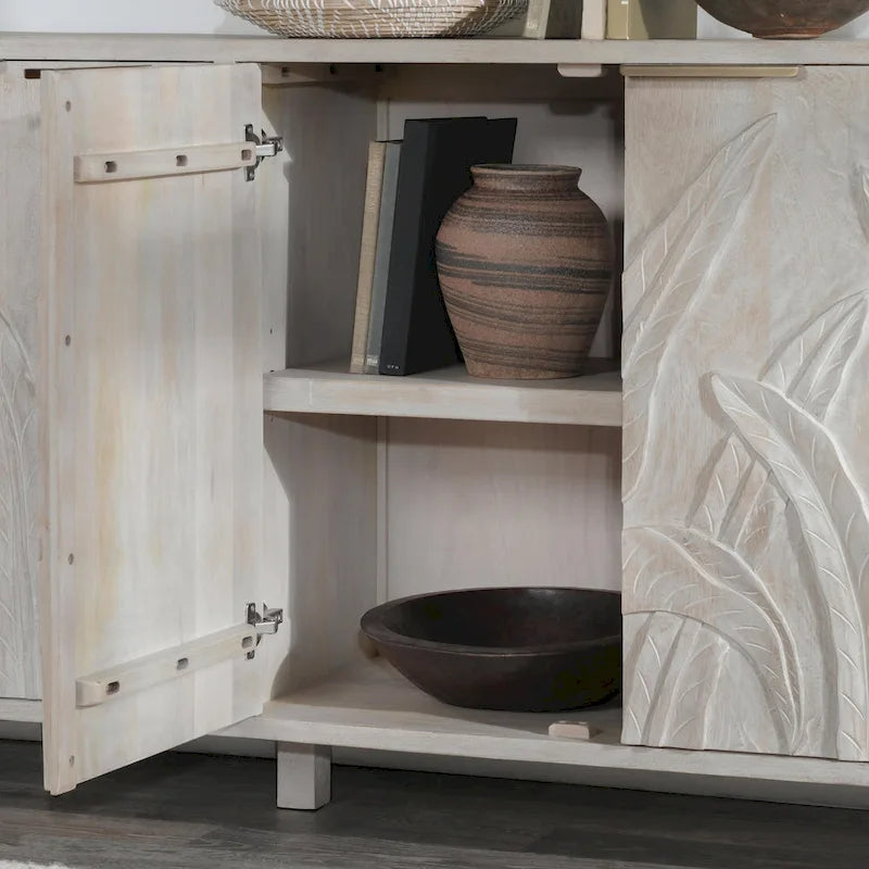 82" Sideboard aus massivem Mangoholz mit handgeschnitztem Blattmotiv