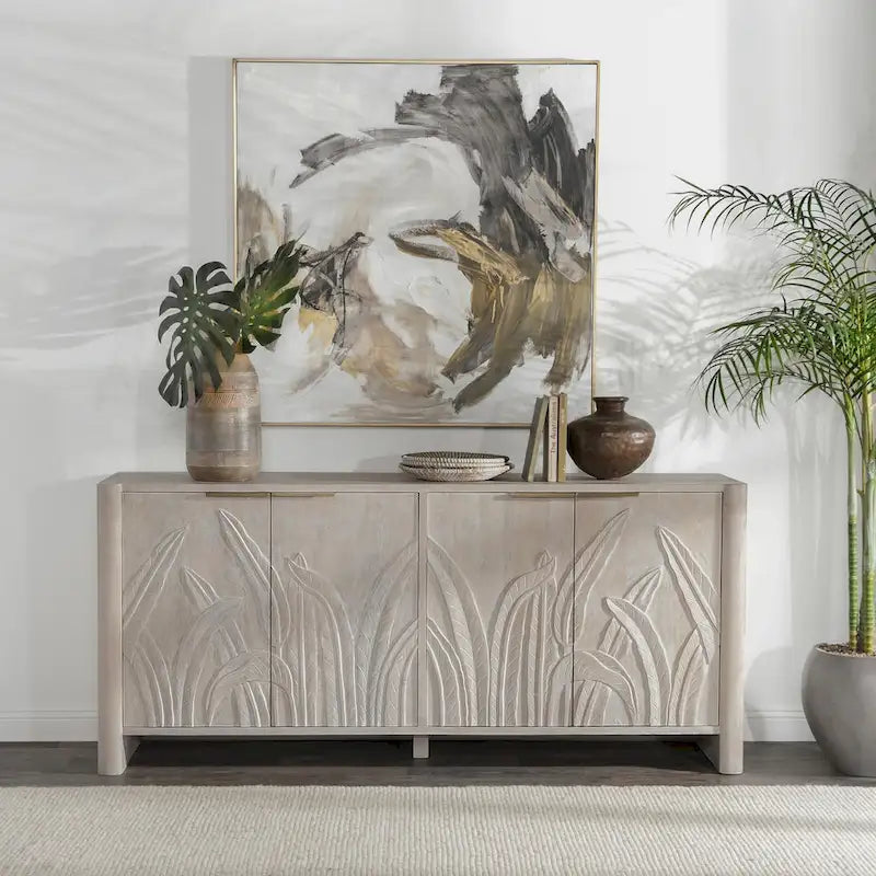 82" Sideboard aus massivem Mangoholz mit handgeschnitztem Blattmotiv