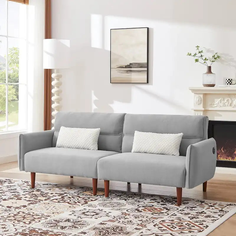 Verwandelbares Futonsofa Bett, Verstellbare Couchliege, Kordstoff-Sofa mit Holzbeinen und 2 Kissen