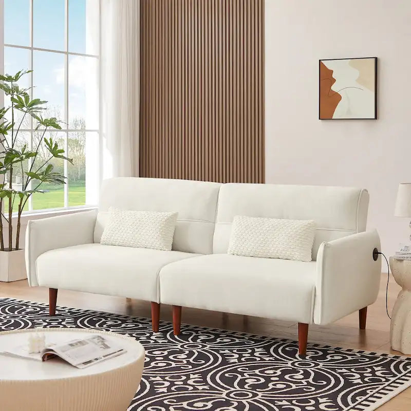 Verwandelbares Futonsofa Bett, Verstellbare Couchliege, Kordstoff-Sofa mit Holzbeinen und 2 Kissen