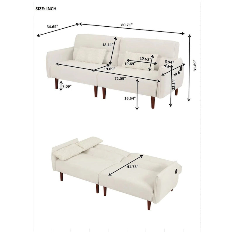 Verwandelbares Futonsofa Bett, Verstellbare Couchliege, Kordstoff-Sofa mit Holzbeinen und 2 Kissen