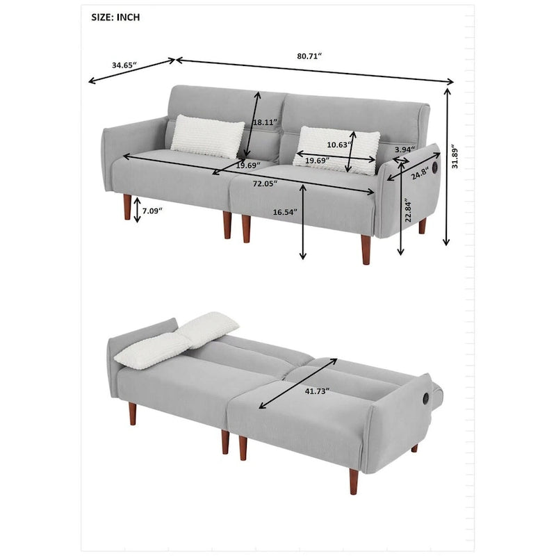 Verwandelbares Futonsofa Bett, Verstellbare Couchliege, Kordstoff-Sofa mit Holzbeinen und 2 Kissen