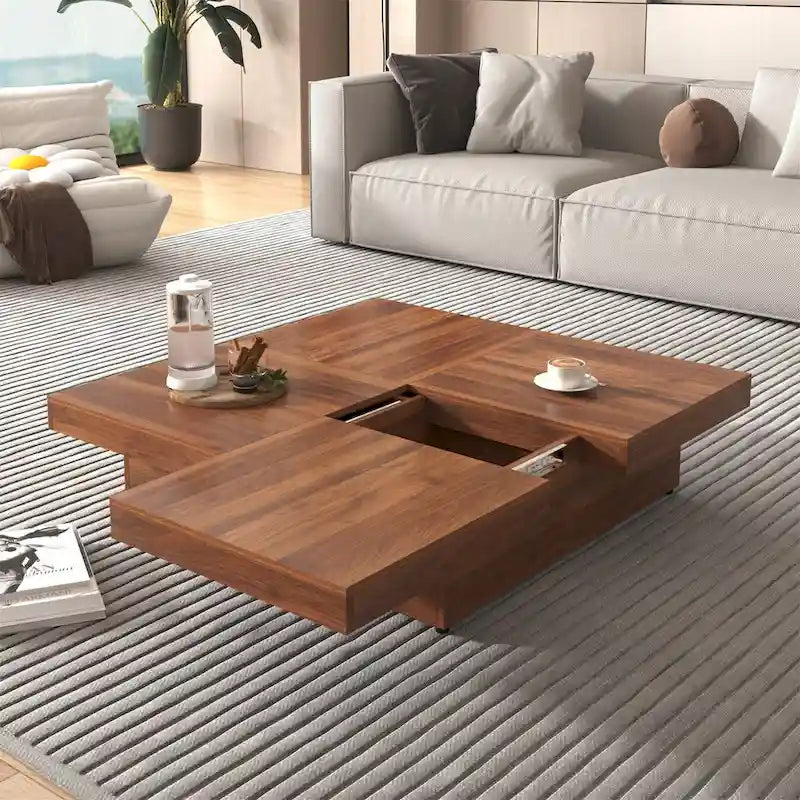 Quadratischer Couchtisch mit Marmorverkleidung, verschiebbarer Platte und Stauraum