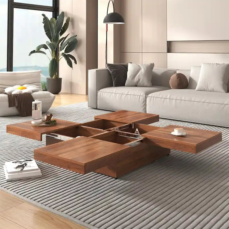 Quadratischer Couchtisch mit Marmorverkleidung, verschiebbarer Platte und Stauraum