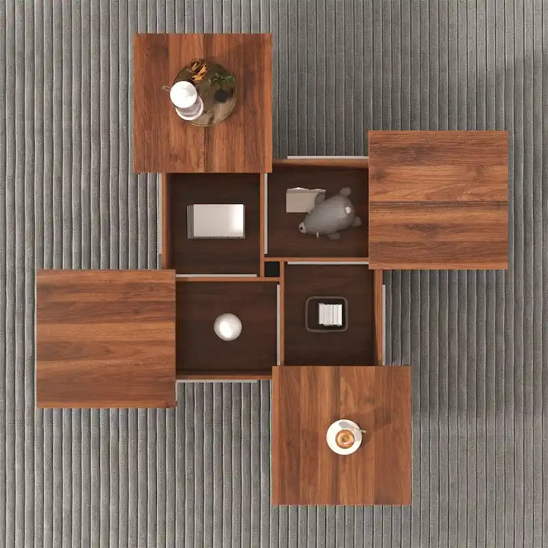 Quadratischer Couchtisch mit Marmorverkleidung, verschiebbarer Platte und Stauraum