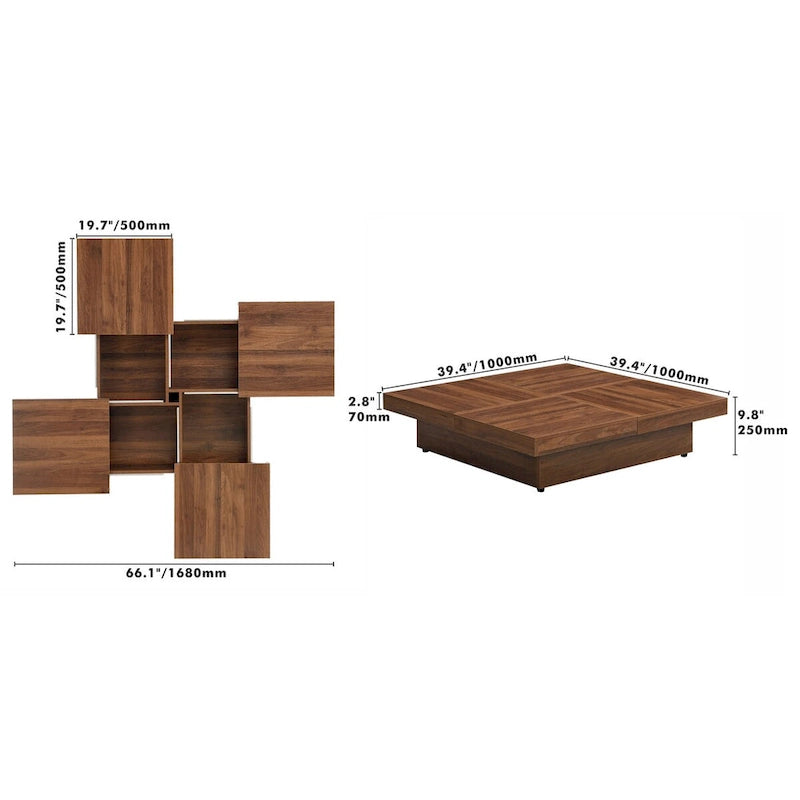 Quadratischer Couchtisch mit Marmorverkleidung, verschiebbarer Platte und Stauraum