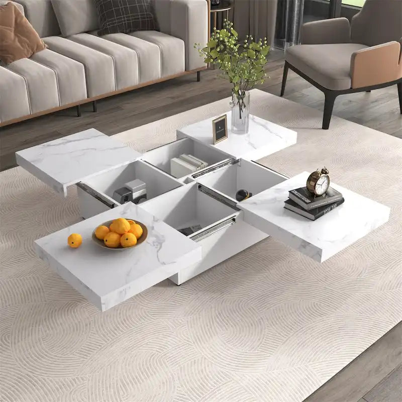 Quadratischer Couchtisch mit Marmorverkleidung, verschiebbarer Platte und Stauraum