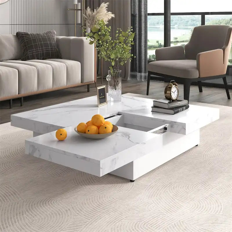Quadratischer Couchtisch mit Marmorverkleidung, verschiebbarer Platte und Stauraum