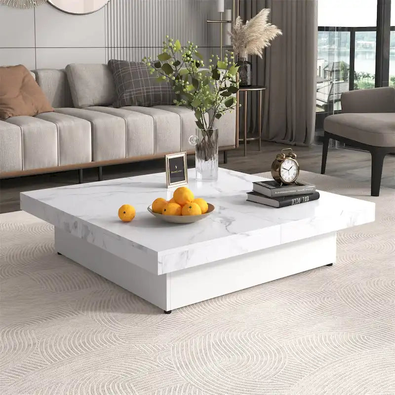 Quadratischer Couchtisch mit Marmorverkleidung, verschiebbarer Platte und Stauraum