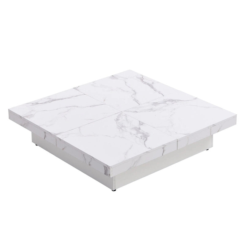Quadratischer Couchtisch mit Marmorverkleidung, verschiebbarer Platte und Stauraum
