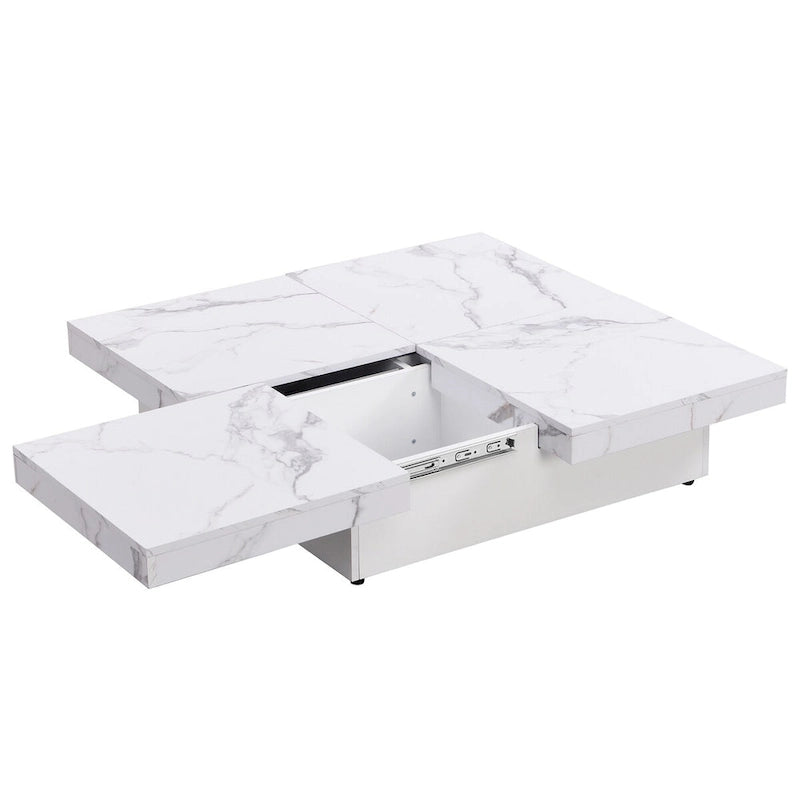 Quadratischer Couchtisch mit Marmorverkleidung, verschiebbarer Platte und Stauraum