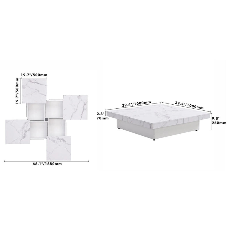Quadratischer Couchtisch mit Marmorverkleidung, verschiebbarer Platte und Stauraum