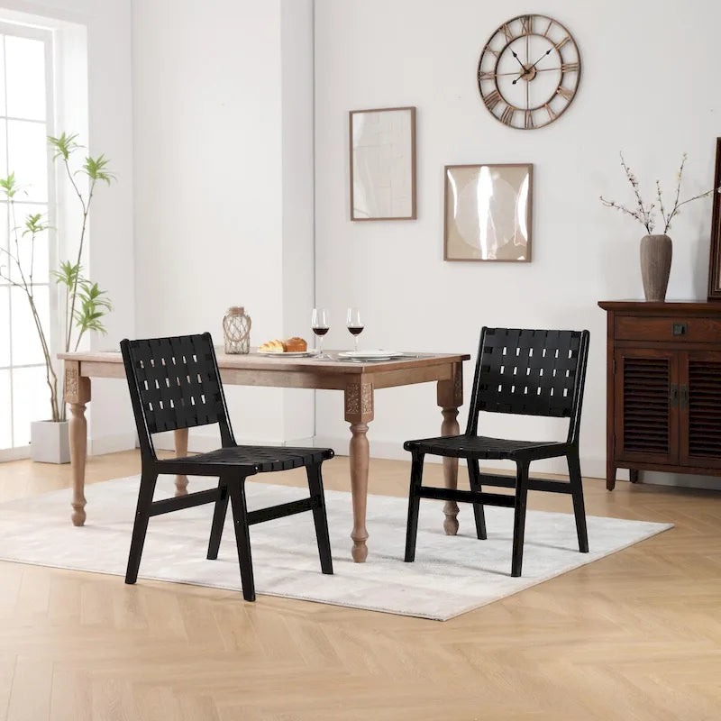 Esszimmerstuhl aus geflochtenem Sattelleder, Massivholzbeine, geeignet für Esszimmer und Wohnzimmer