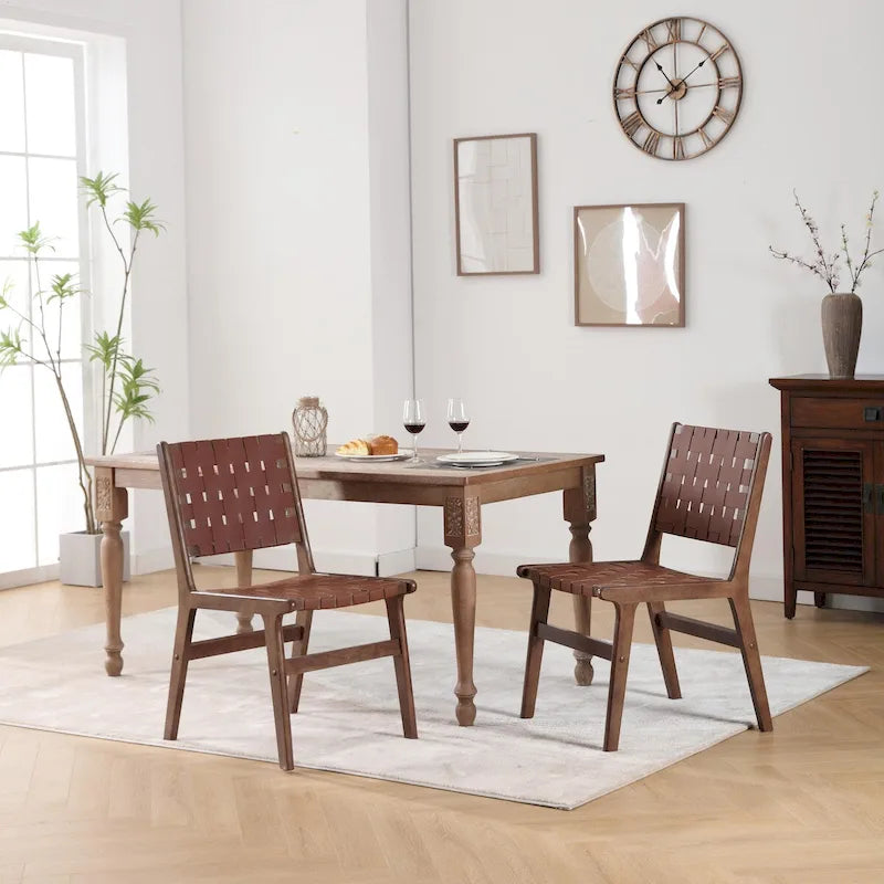 Esszimmerstuhl aus geflochtenem Sattelleder, Massivholzbeine, geeignet für Esszimmer und Wohnzimmer