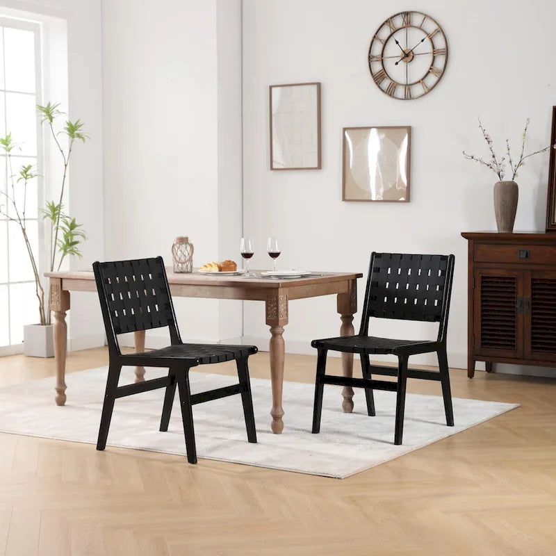 Esszimmerstuhl aus geflochtenem Sattelleder, Massivholzbeine, geeignet für Esszimmer und Wohnzimmer